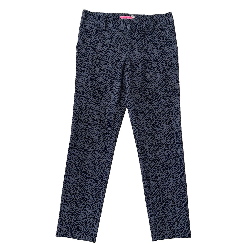 Alice Olivia Velvet Leopard Tuxedo Pants Blue Gray Slim Straight Chic Womens 6